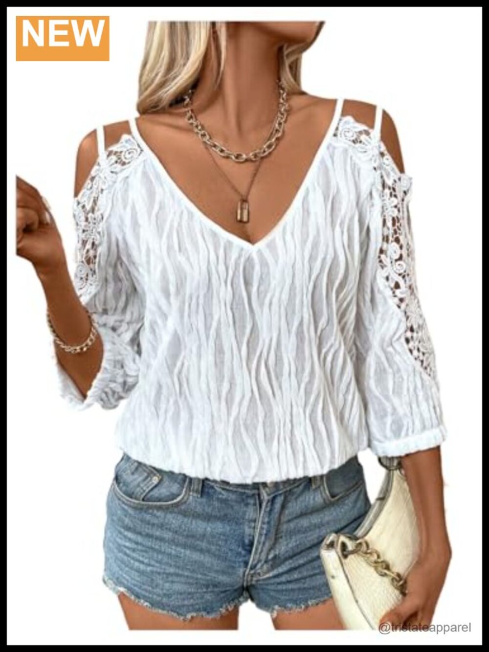 Women's 3/4 Sleeve Cold Shoulder Embroidery Blouse - Elegant Textured Polyester